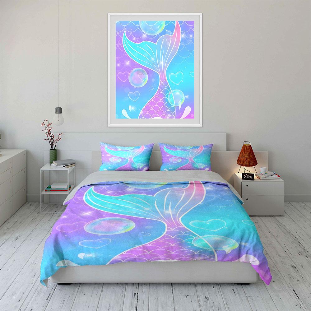 Set Copripiumino Coda di Sirena Gradiente Pastello Cuore a Bolle Kawaii per Ragazze Include 1 Copripiumino e 2 Federe Regalo