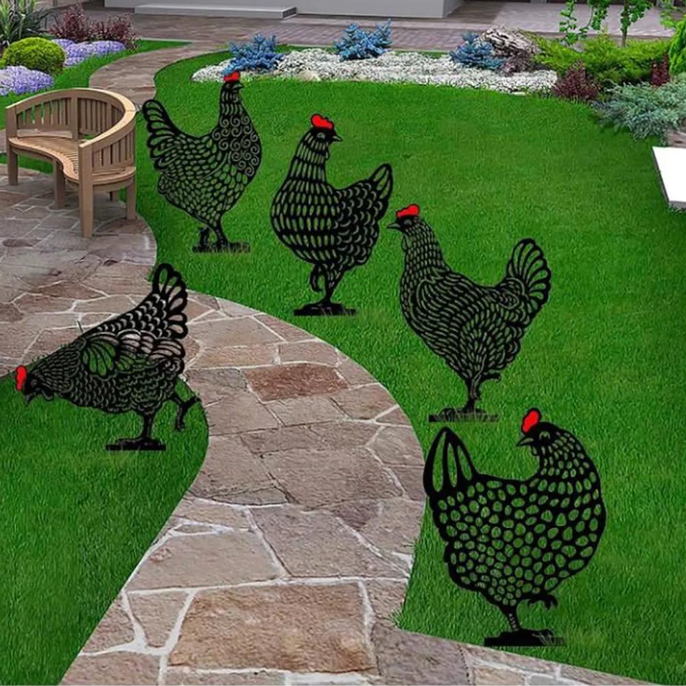 5Pcs/Set Garden Hen Chicken Yard Art Lawn Floor Decoration Animal Silhouette Garden Stakes