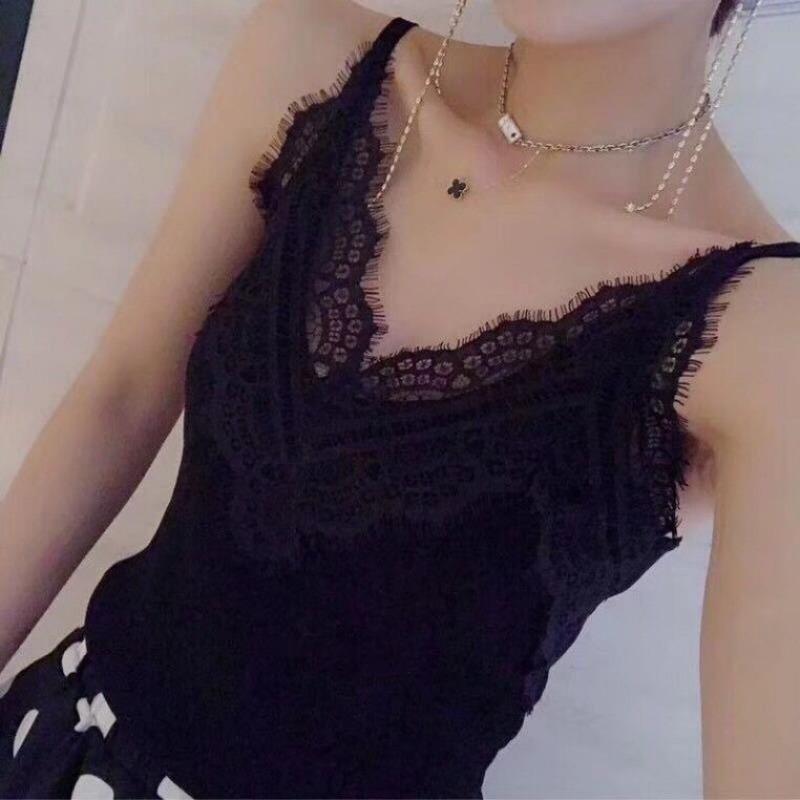 

Lace Straps, Feminine Eyelash Trim, Backless Floral Vest, Sleeveless Top, Elastic Ice Silk Knitted Top One size