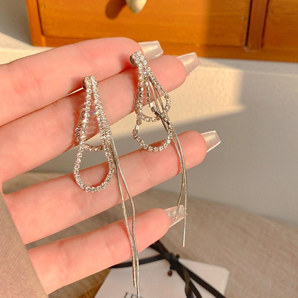 

Simple Long Tassel Rhinestone Stud Earrings Trendy Drop Dangling Earrings Wedding