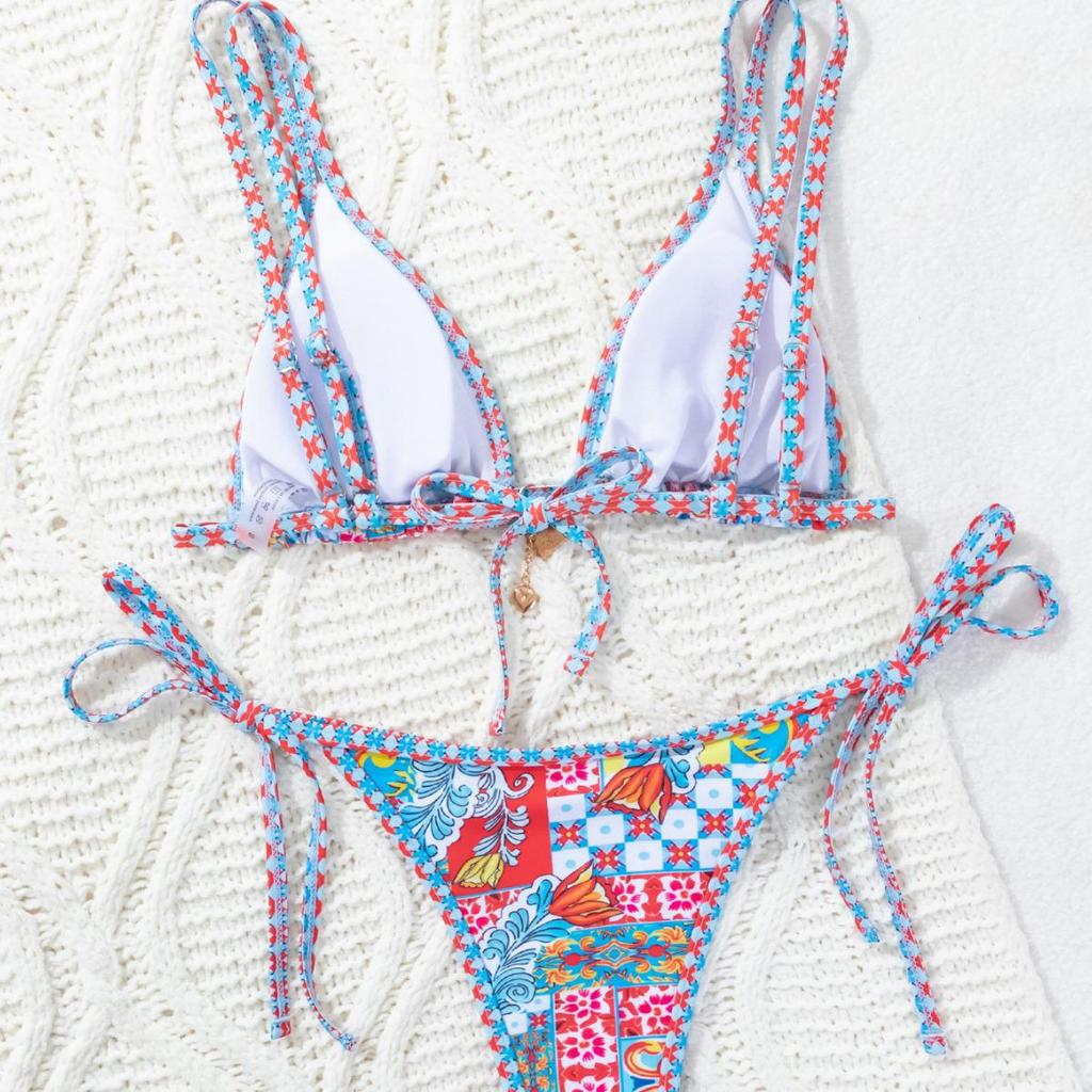 2024 European & American Print Triangle Cup Tie-Up Bikini Swimsuit for Women