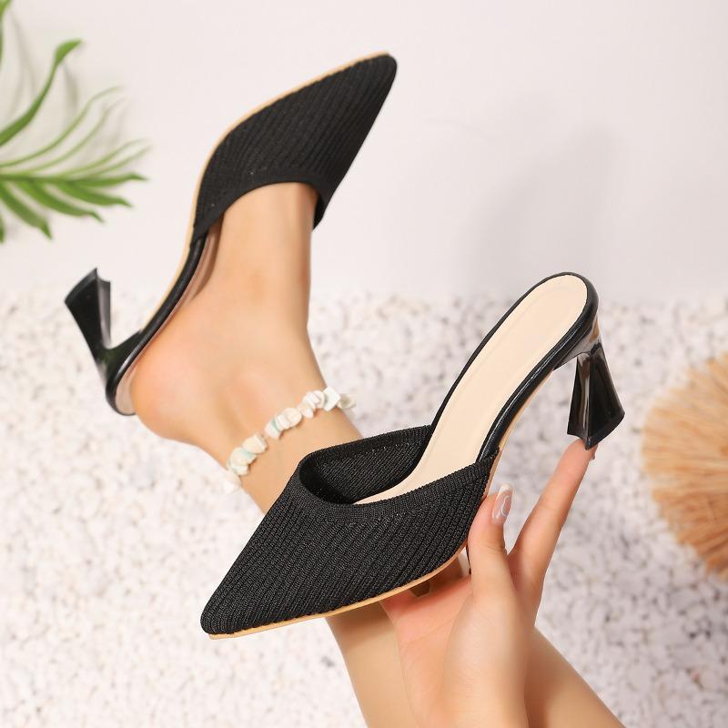 2025 Knitted Breathable Wrapped Toe Slippers Women's Fashion Pointed Toe Shallow Mouth Slip-on Non-Slip High Heels