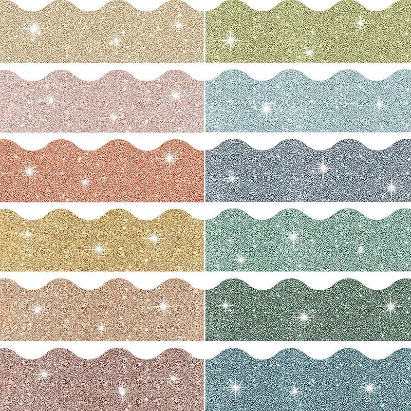 Geyee 120 Pieces Glitter Bulletin Board Border Scalloped Border Trim Shiny Bulletin Poster Decoration Colorful Glitter Paper for School Classroom