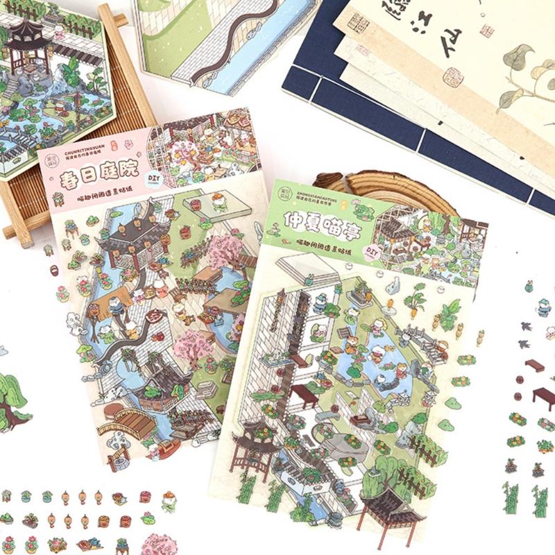 Retro Courtyard Decorative Sticker Chinese Style Landscape Sticker 3D Scene Sticker Journal Supplies Gift for Kid Child