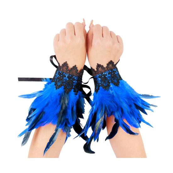 1 Pair Gothic Feather Wrist Cuff Gloves Feather Lace-Up Ribbons Halloween Party