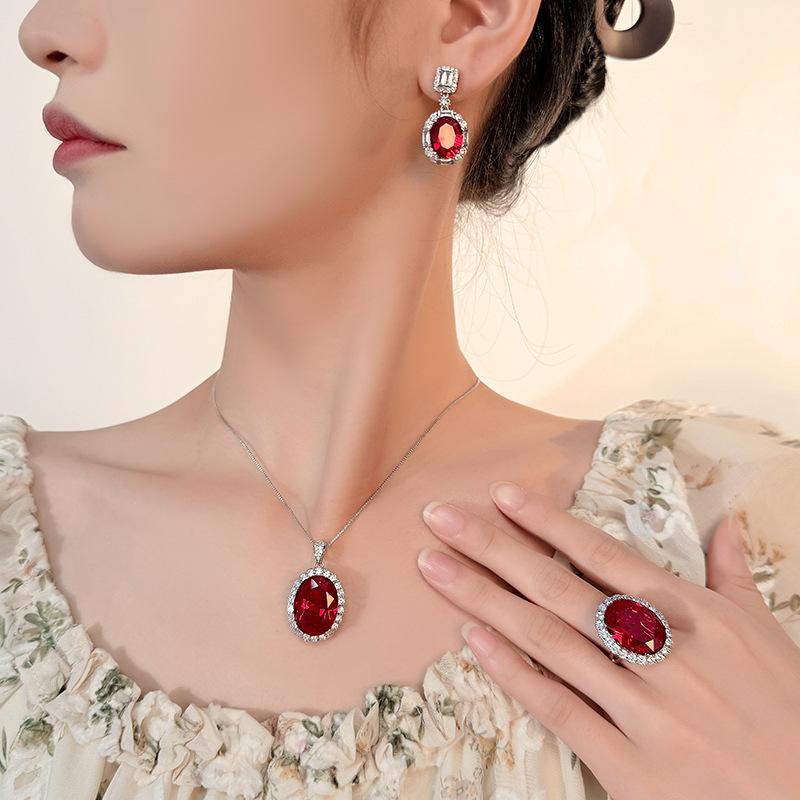 Jewelry Copper Bottom Gold-Plated Simulation Red Corundum High-End Jewelry Set Women'S Stone 15 * 20