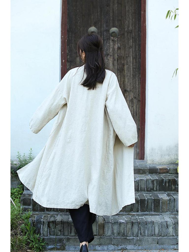 Cardigan de damă din amestec de bumbac și in de lungime medie - Retro spălat cu nisip