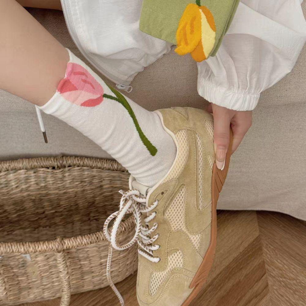 5Pairs Breathable Mid Tube Socks Sweet Socks for Women Cute Tulip Flower Socks  Streetwear