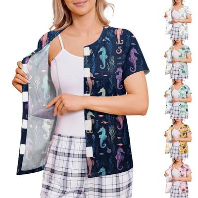 Women Post Surgery Shirt Four Pocket Short Sleeve Button Front Top Lightweight Breathable Fabric Comfortable Fit Hospital Recovery Wear