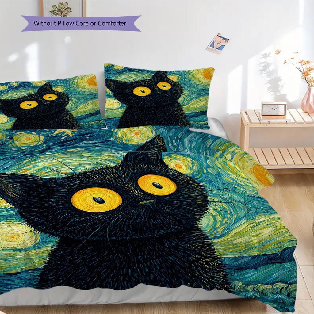 Set Copripiumino Trapuntato con Motivo Gatto Nero Federa Decorazione per la Casa Regalo di Compleanno (1 * copripiumino + 2 * federa, senza nucleo)