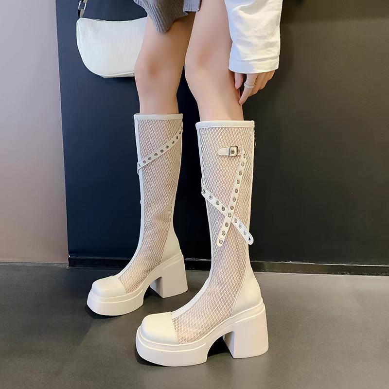 Fashion Cooling Boots Summer Round Toe Niche Studded Heightened Platform Mesh Breathable Zipper Block Heel Thigh Boots