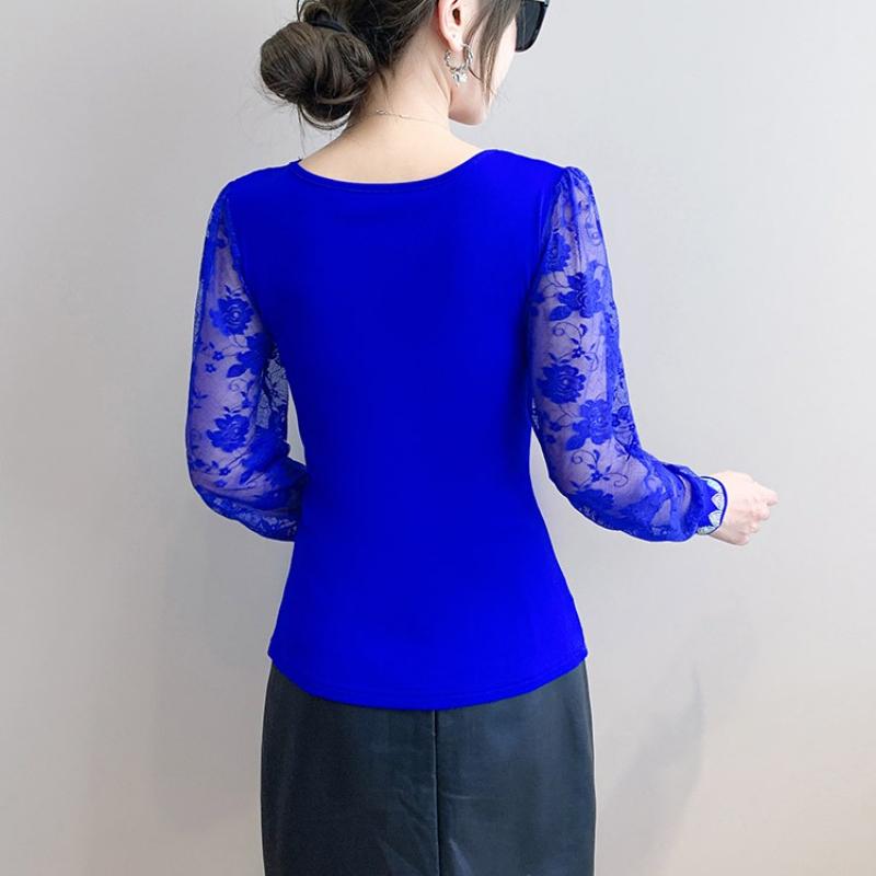 Spring Autumn Women's Hotfix Rhinestone Flower Lace Sleeve Patchwork T-Shirt Elegant Full Sleeve Tees Slim Ladies Tops