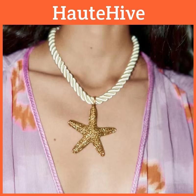 Elegant Yellow Starfish And Shell Alloy Pendant Necklace For Vacation Party Accessories