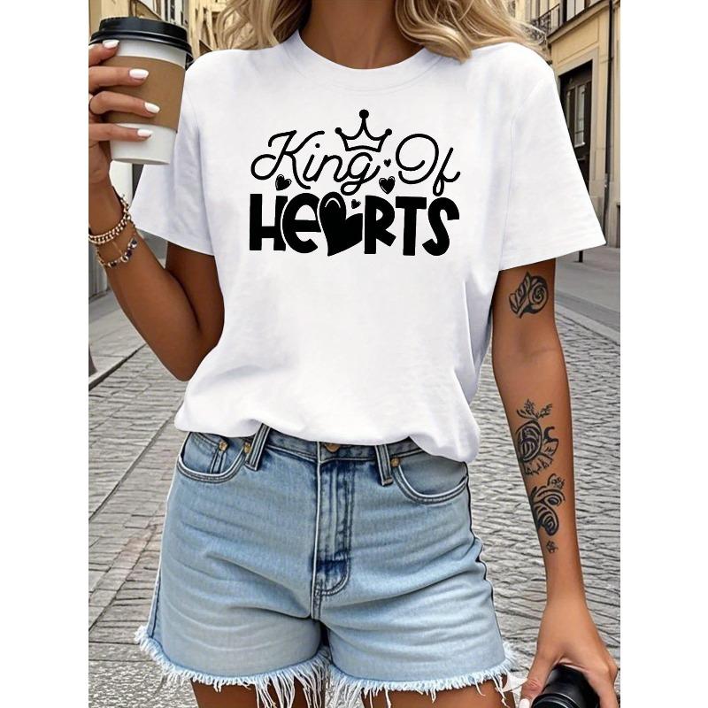 Women s King Of Hearts T-Shirt - King of Hearts Crown & Iconic Heart Print Short Sleeve Top, Casual Blouse for Spring Summer Outfits, S белый