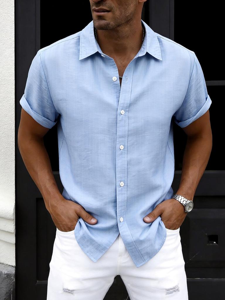 New summer men's plus size shirt teen solid color short-sleeved lapel shirt top men's