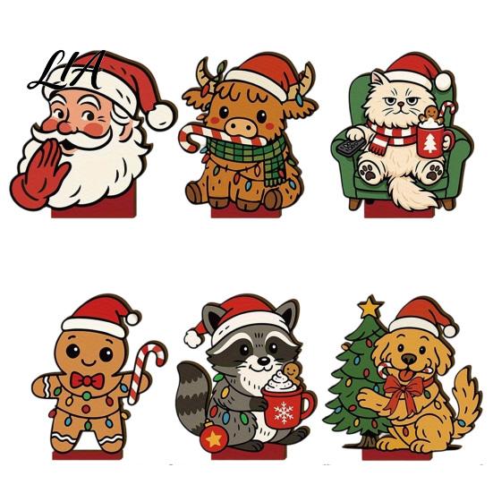 Rustic Wood Ornaments 6Pcs Christmas Wooden Tabletop Ornaments, Stable Base Cartoon Animal/Santa Claus/Gingerbread Holiday Home Accents Man