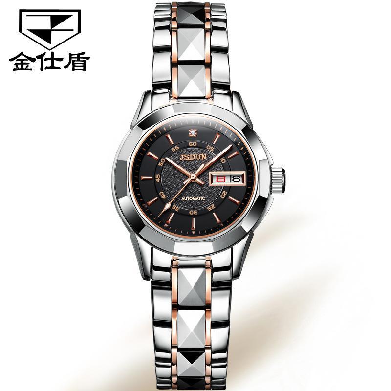 JINSHIDUN Tungsten Steel Mechanical Watch, Waterproof Double Calendar Ladies' Watch