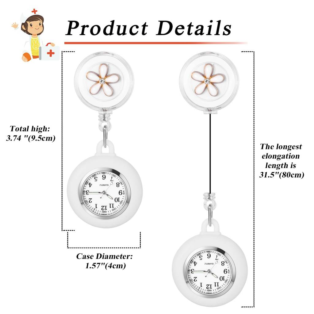 Ceas de asistentă cu silicon și extensibil, cu floare drăguță, cuarț, de buzunar, accesorii de asistentă, cadou perfect pentru asistente medicale și personal de îngrijire a copiilor, cu clip de zi,
