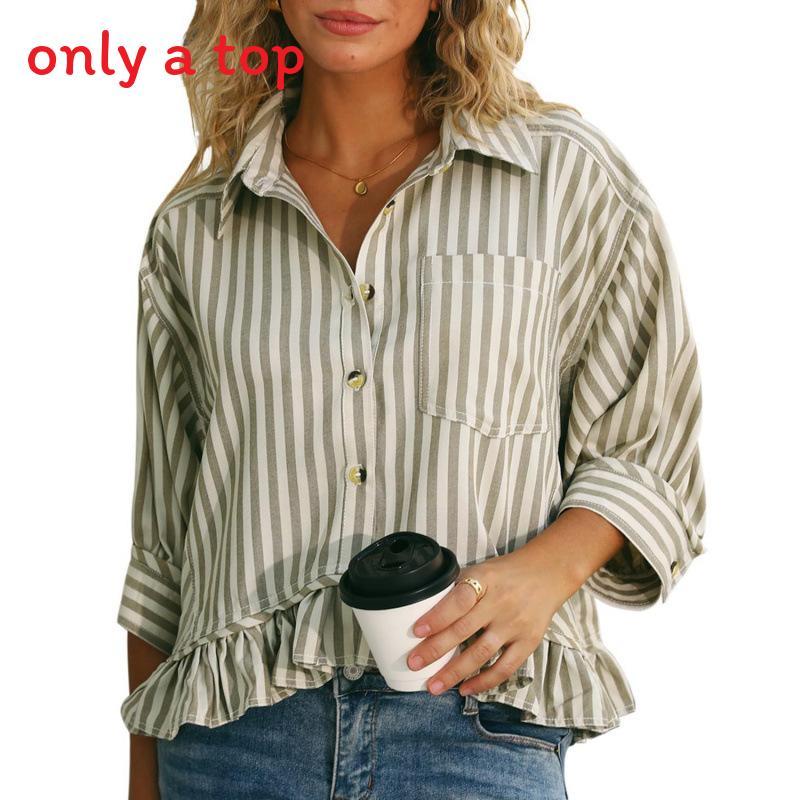 Womens Striped Blouse With Ruffle Hem And Print For Office Wear