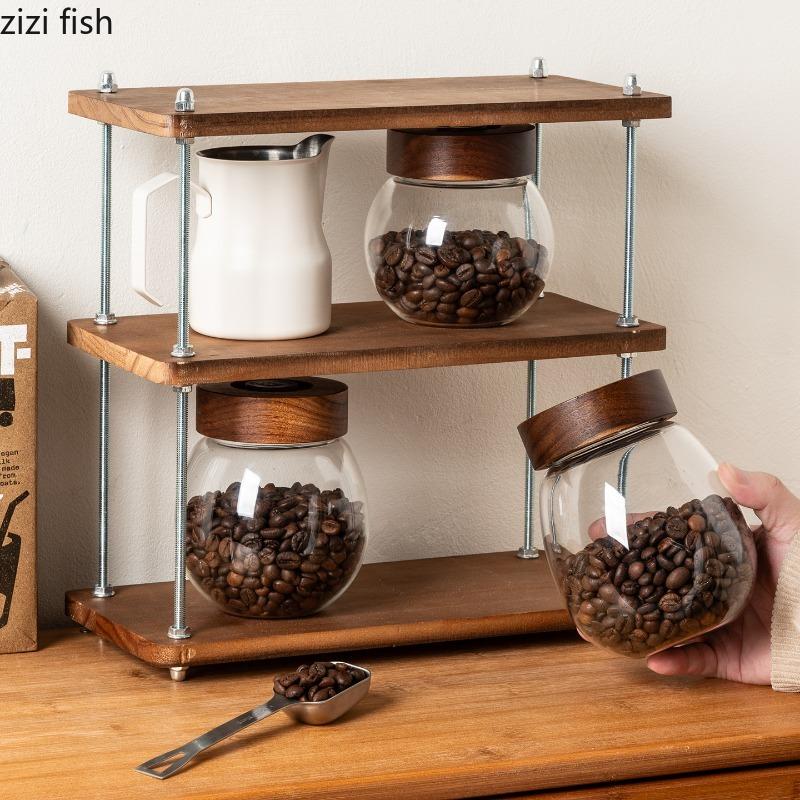 Unidirectional Exhaust Coffee Bean Can Glass Storage Jar Wooden Cover Coffee Powder Seal Pot Tea Caddy Storage Bottle Organizer
