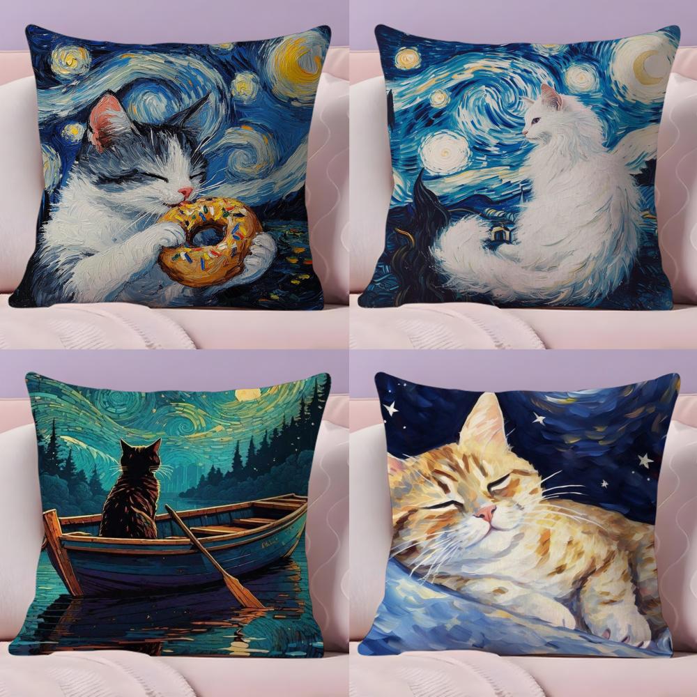 Van Gogh Starry Sky Kawaii Cat Pillow Case Plush Fabric Soft Double-Sided Printed Sofa Warm Winter Home Gift Cushion Cover