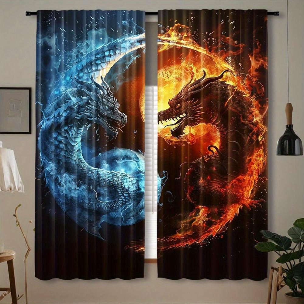 

2pcs Dragon Rod Pocket Curtains Woven Polyester Pongee Blackout Panels Tai Chi and Fire Pattern Semi-Sheer Embossed Window Dr 100*130 Grommet Top 1pcs