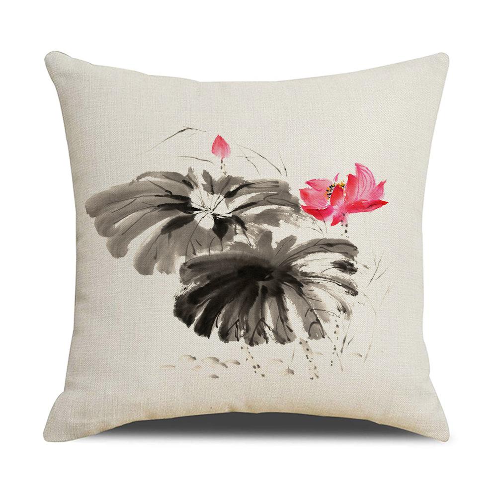 Chinese Style Series Ink Flower and Grass Print Pillow Linen Print New Chinese Style Home Sofa Pillow Living Room Bedroom