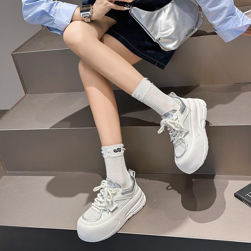 Leather platform women's spring new round head lace-up casual board shoes versatile height-increasing sports women's shoes
