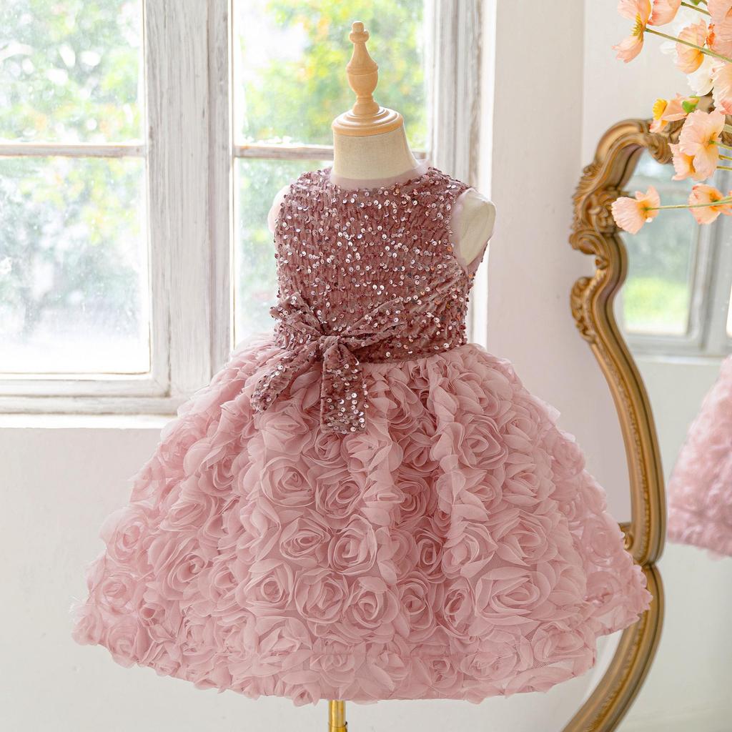 2025 Style Princess Dress: Puff Sleeve Evening Gown for Baby Girls' First Birthday