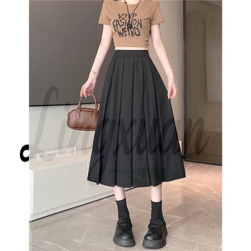 Chic Summer Pleated A-Line Skirt - Plus Size, Age-Reducing, Solid Color, Mid-Length