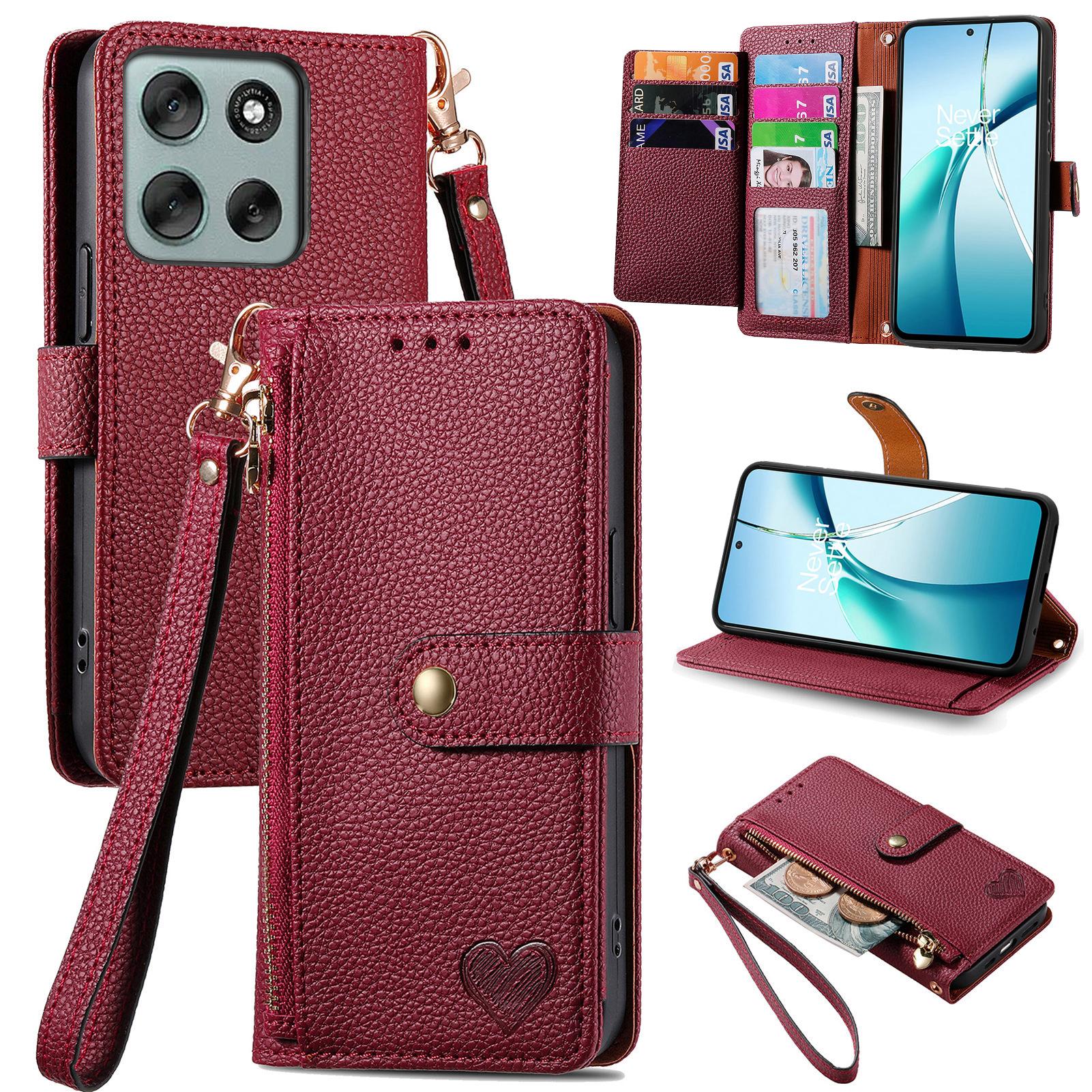 

Для Motorola Moto G56 5G Чехол с RFID-блокировкой, карманом на молнии, кожаный кошелек, чехол для телефона с ремешком Red