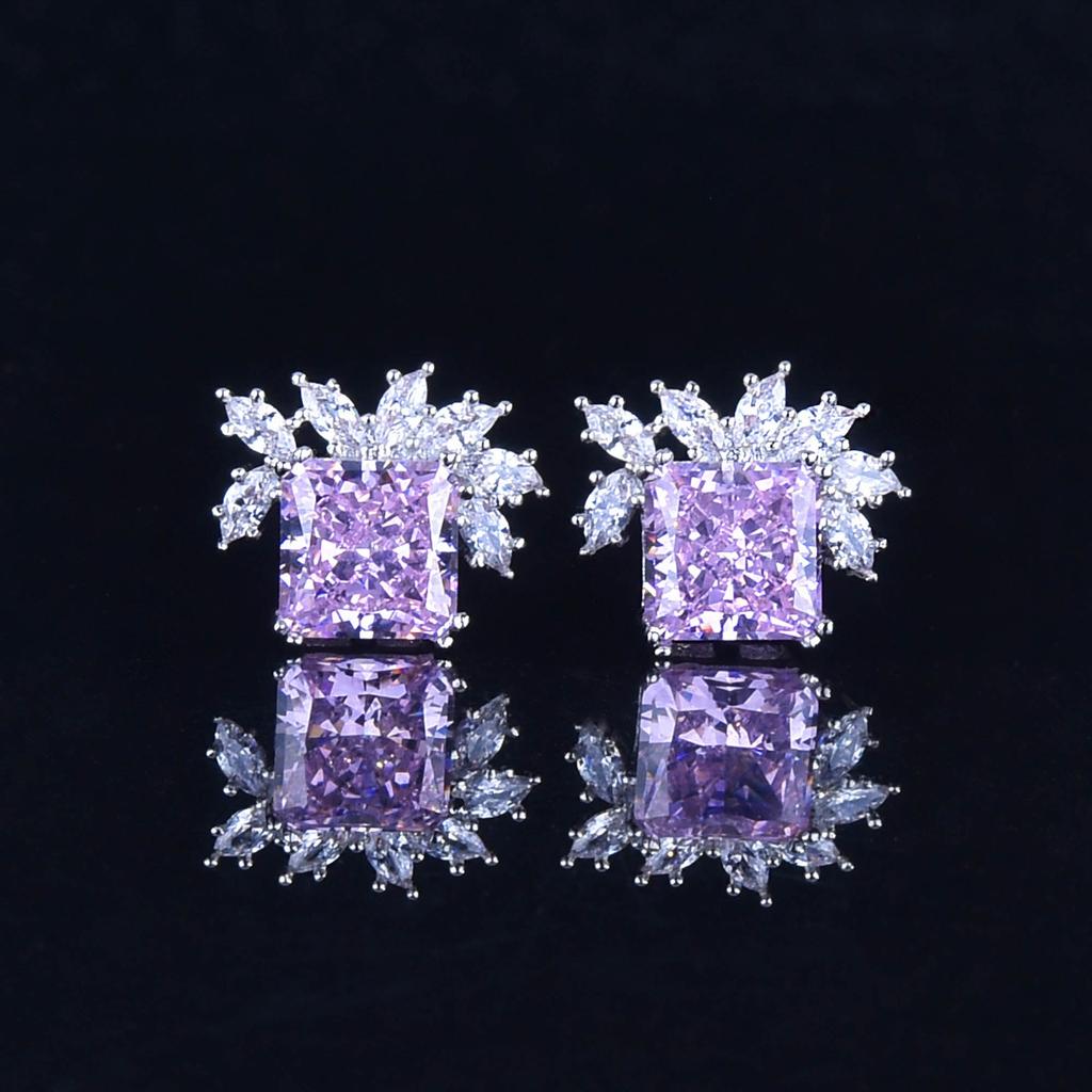 Pink Diamond Radiant Cut Necklace Women'S Collarbone Chain Wind Pendant Stud Earrings Ice Flower Cut High Carbon Diamond Set