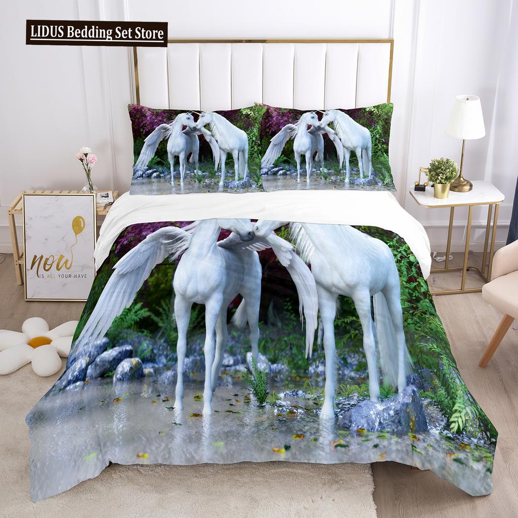 Unicorn Duvet Cover Set White Horse With Wing 3D Print King Size Polyester Comforter Cover For Kids Bedding Set With Pillowcase