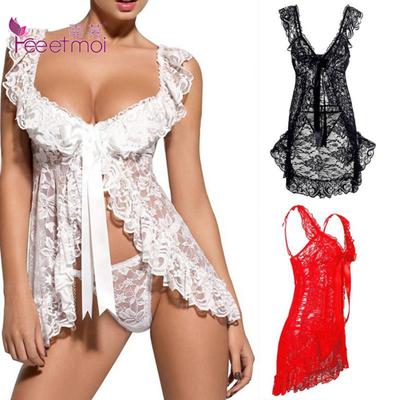 Lace Lingerie Sexy Hot Erotic Sexy Perspective Babydoll Sleepwear Lace Open Front Top G-string Erotic Underwear