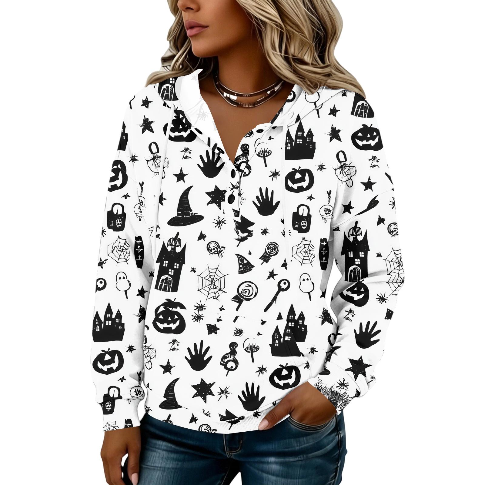 Women s Fashion Button Front Hoodie with Halloween Print Pullover Sweatshirt for Casual Everyday Wear S хаки