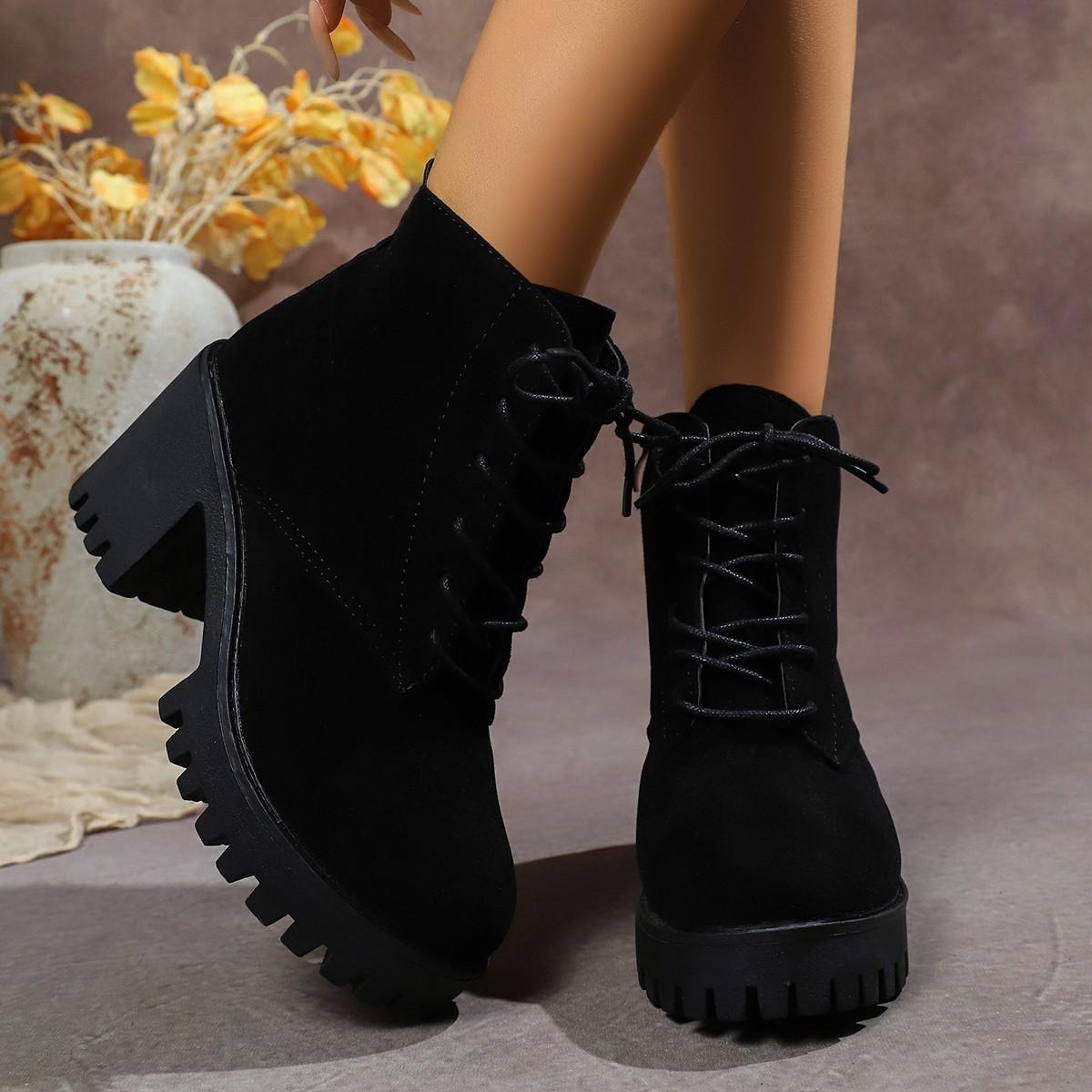 

Winter Sexy Lace Up Thick Heel Walking Boots Fashionable Style Comfortable Wear-resistant Anti Slip High-heeled Women s Boots 36