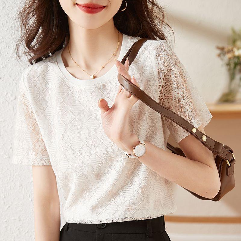 Lace Short-sleeved T-shirt Women's New Design Niche Loose Slim Chiffon Shirt White Top