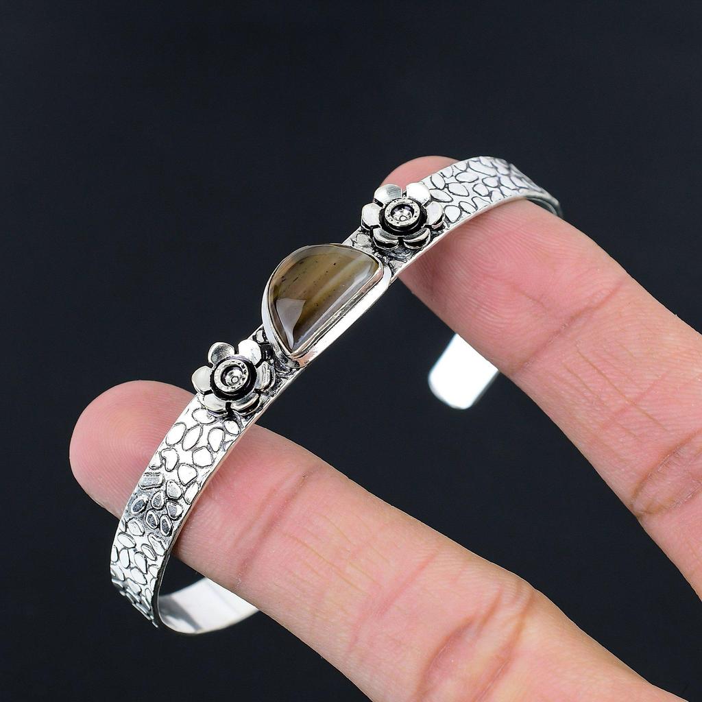 Gift For Women Bangle Flower Adjustable 925 Silver Natural Montana Agate