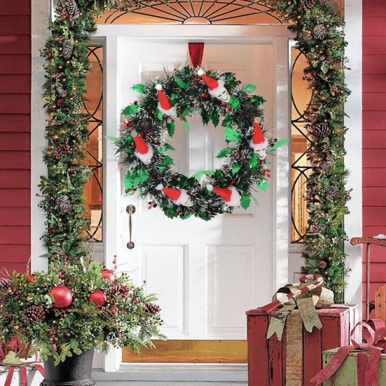 Christmas Wreath Skull Wear Hat Figure Xmas Front Door Decor Indoor Outdoor Front Door Window Holiday Decoration