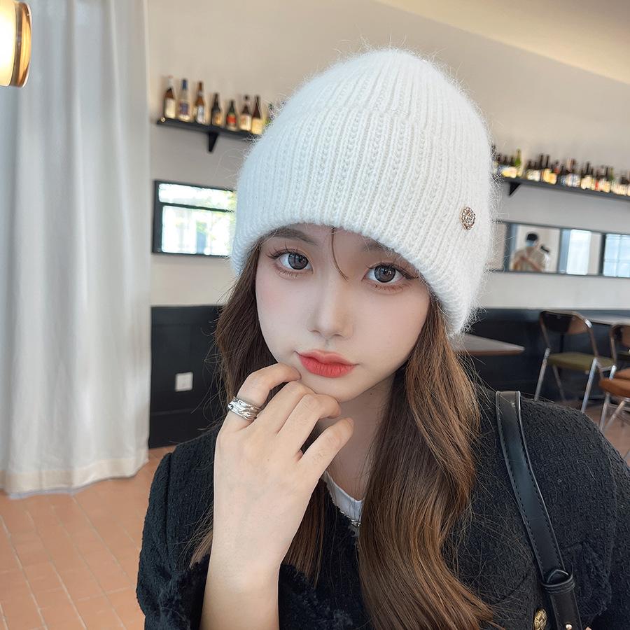 Women’s Casual Solid Color Rabbit Fur Hat with Decorative Buckle and Ear Protection Knitted Hats