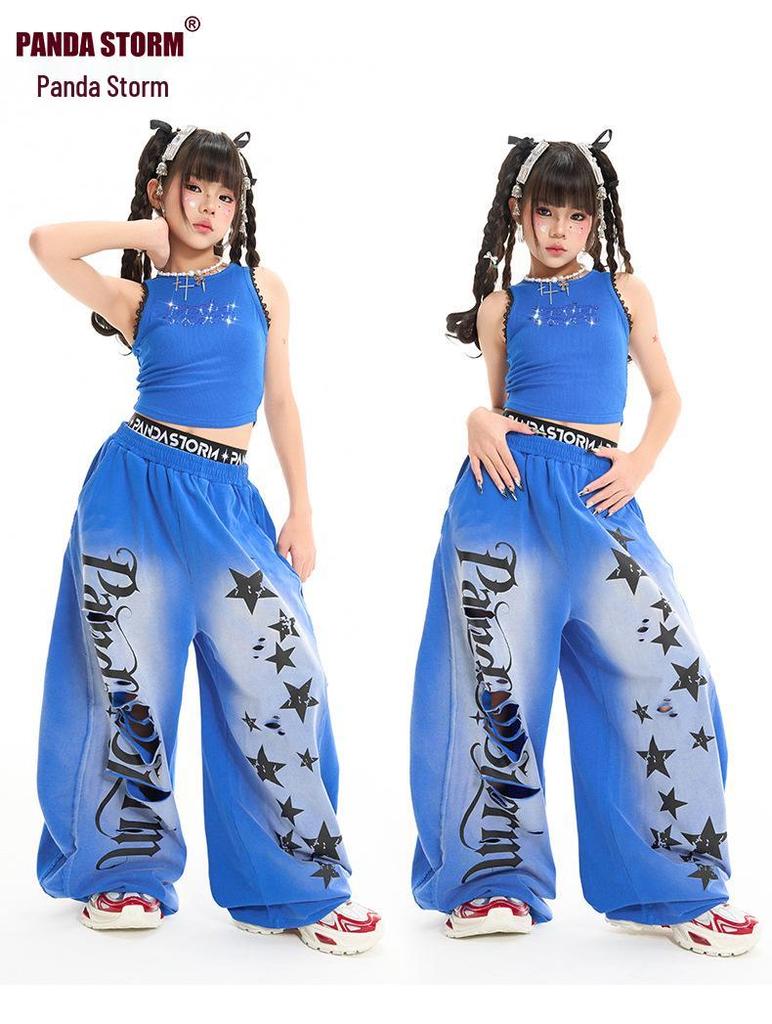 Girls' Rhinestone Vest & Loose Pants Hip Hop Dance Costume Set