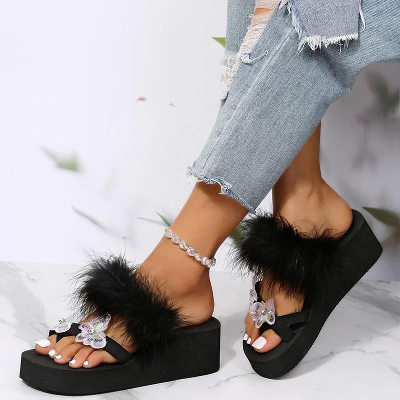 Fashion Summer Bow Knot Slippers for Women Casual Fur Decor Wedges Flip Flops Woman Daily Wear-Resistant Soft Bottom Slides Mujer