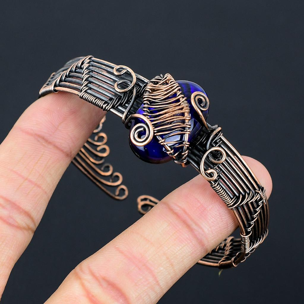 Natural Blue Fire Labradorite Gemstone Copper Wire Wrap Bangle Adjustable O7e47
