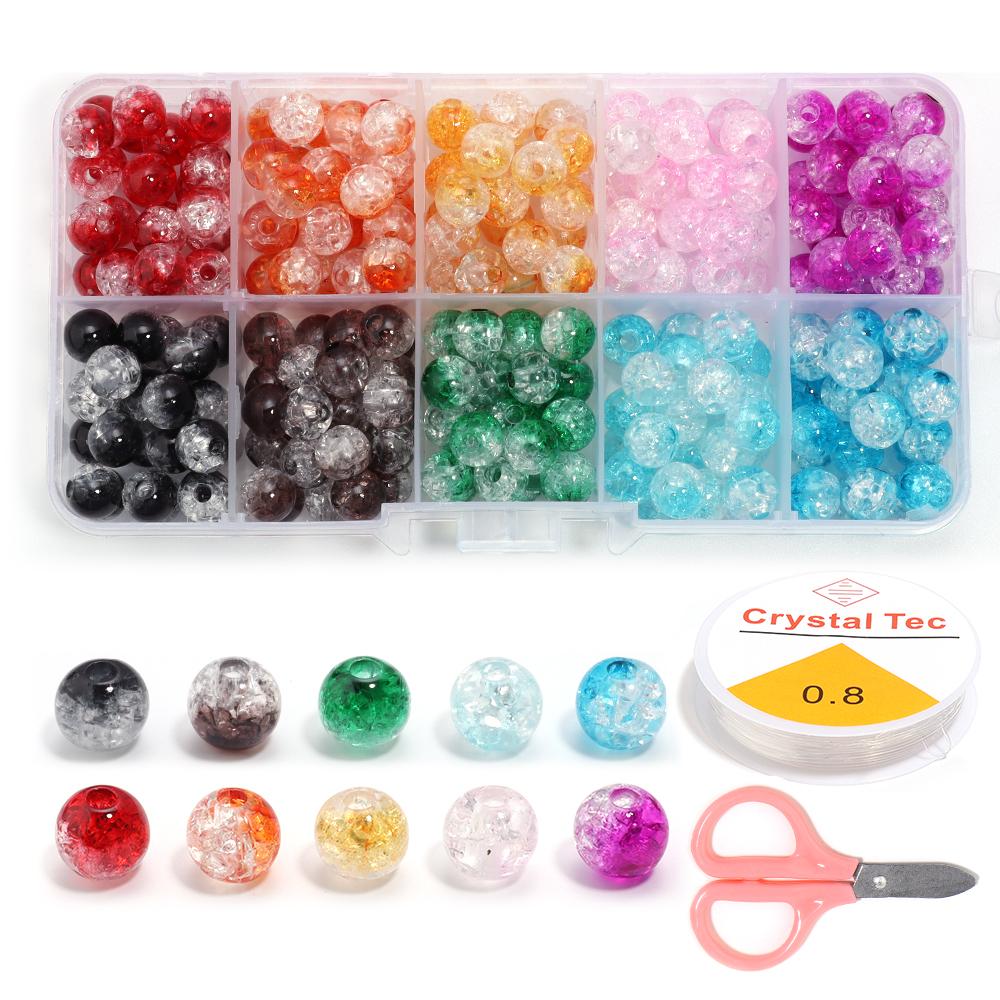 200Pcs/Box Glass Beads Bracelet Making Kits 8mm Acrylic Crackle Crystal Beads For DIY Jewelry Making Bracelets Necklace Supplies