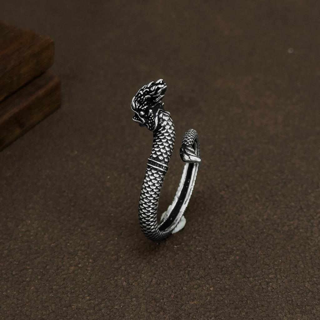 Sterling Silver Dragon Zodiac Ring - Adjustable Unisex Design, 925 Silver Domineering Style.