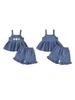 Adorable Infant Girl Floral Denim Ensemble with Sleeveless Babydoll Top and Ruffle Shorts for a Stylish Summer Look