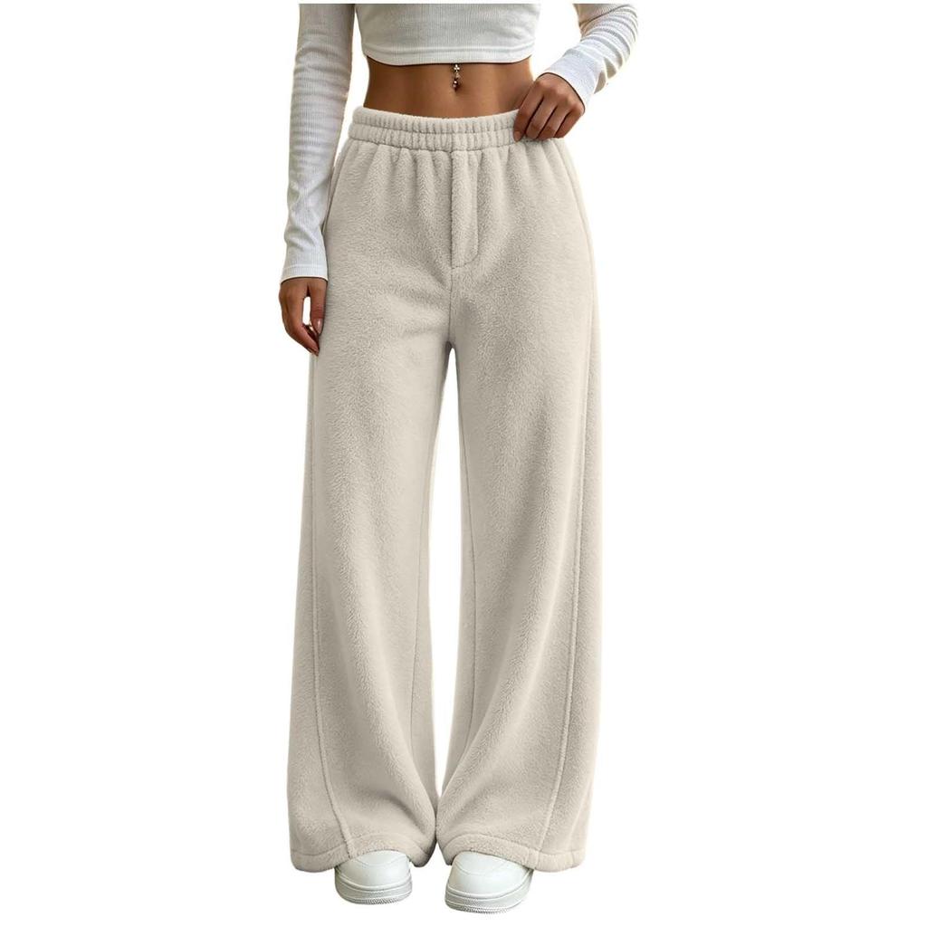 Winter Pants for Women Elastic Waist Fuzzy Wide Leg Casual Trousers