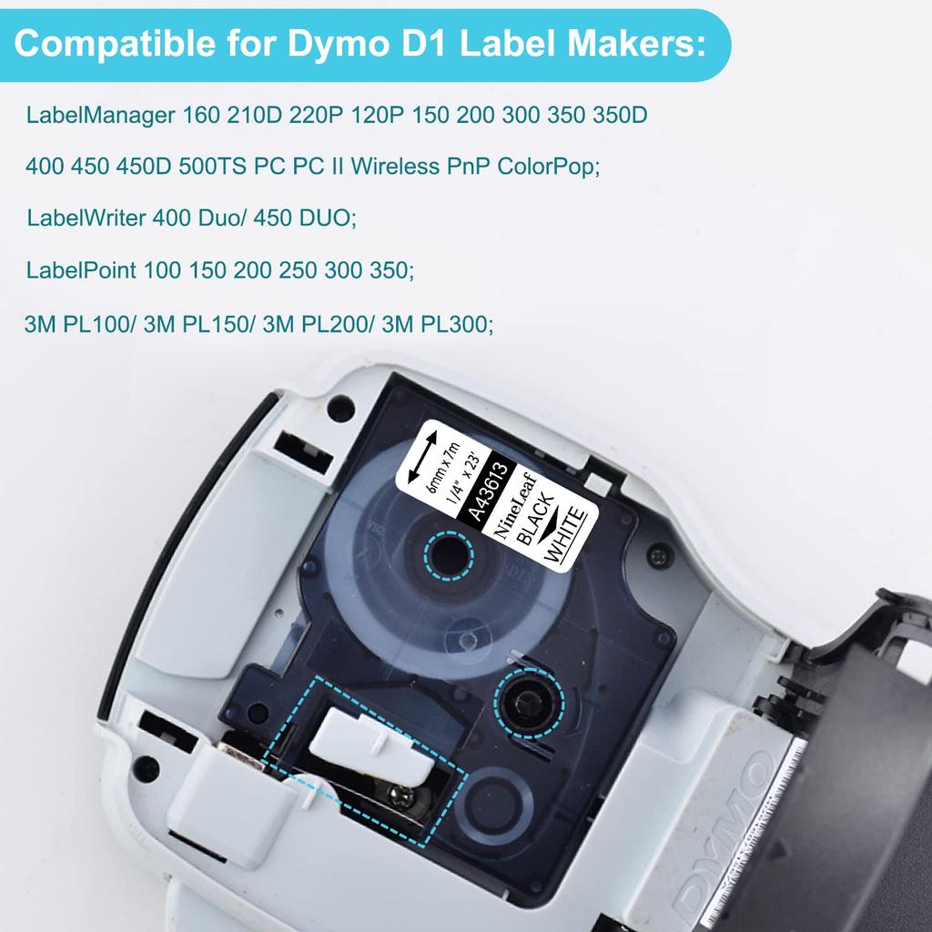 5PK 6mm D1 Standard Tape Labels Compatible for Dymo 43613 Black On White Laminated Labels for LabelWriter Duo 3M PL100 Printers