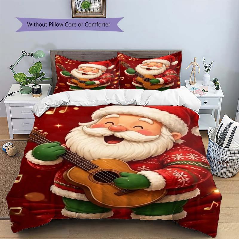 Cute Santa Claus Playing Guitar Print 3-Piece Duvet Cover Set — Soft Bedroom Bedding, Festive Home Decor