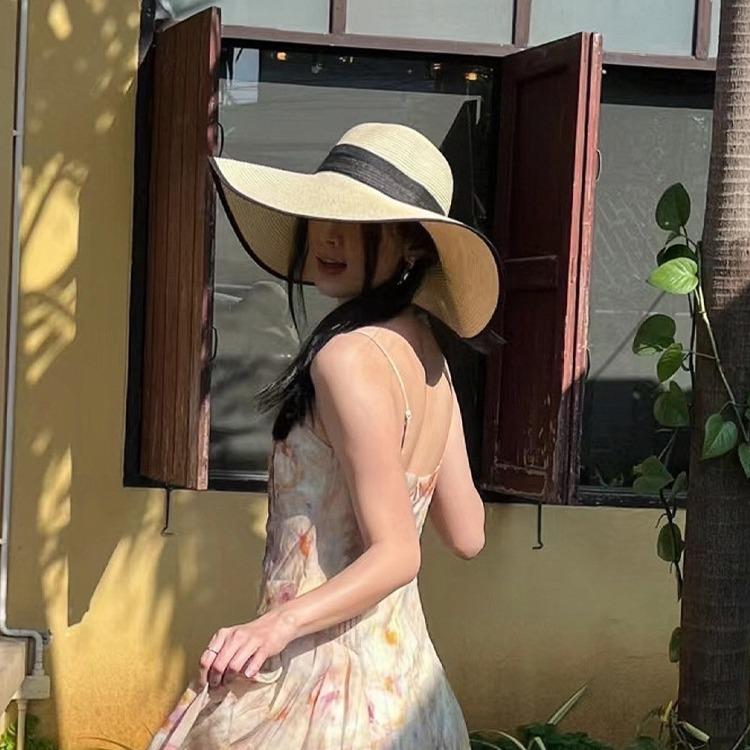Straw hat women's sun protection summer oversized brim sunshade beach hat vacation foldable streamer bow hat women